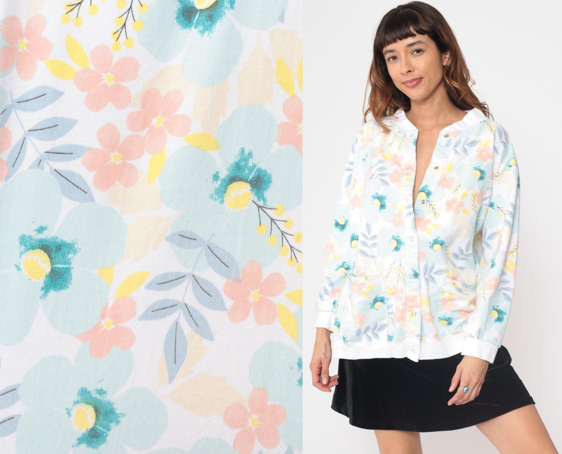 90s Floral Cardigan White Pink Blue Yellow Botanical Button Up XL