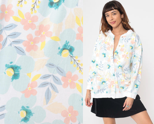 90s Floral Cardigan White Pink Blue Yellow Botanical Button Up XL