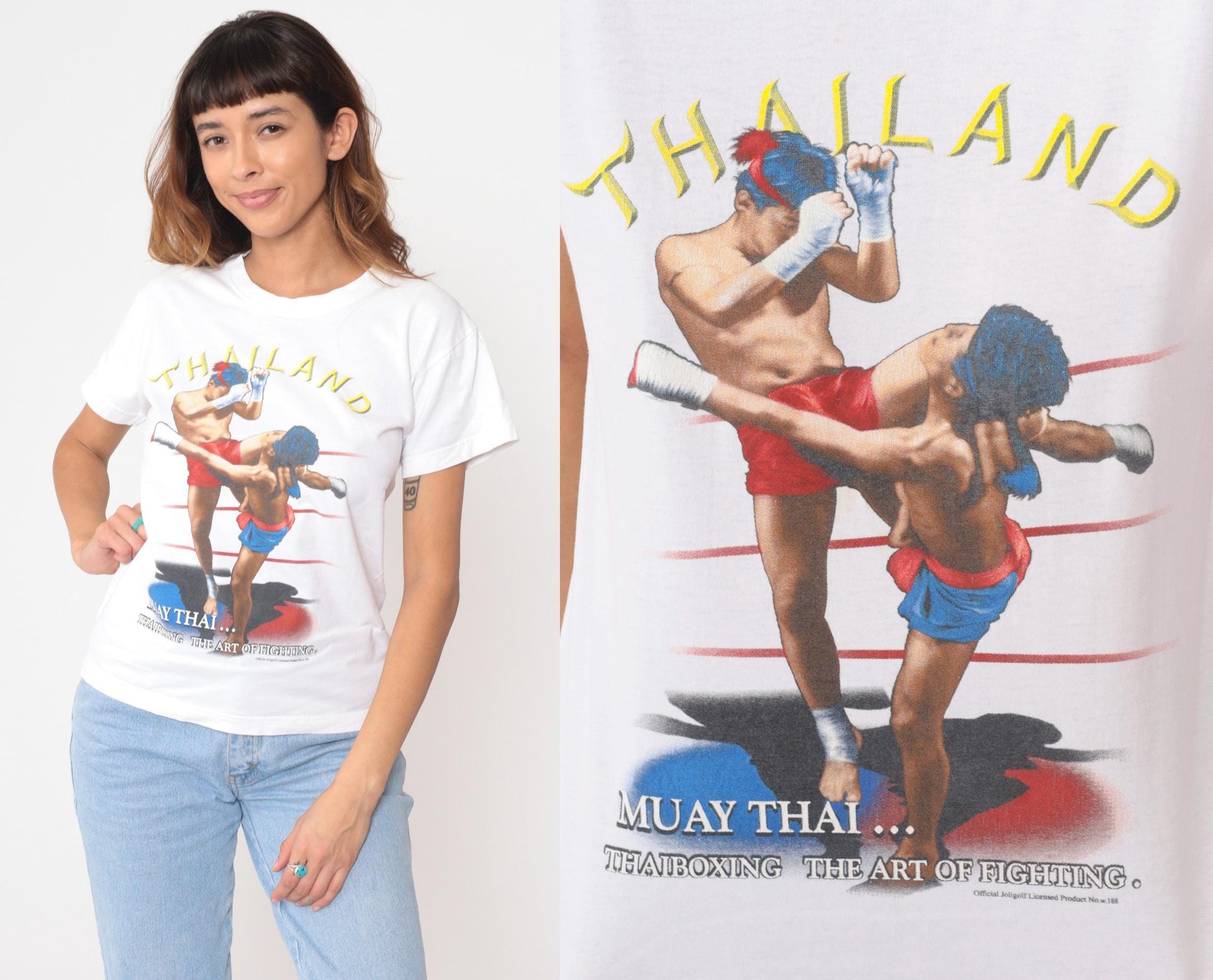 Y2K Thailand Muay Thai Boxing Graphic Tee White Cotton Medium M