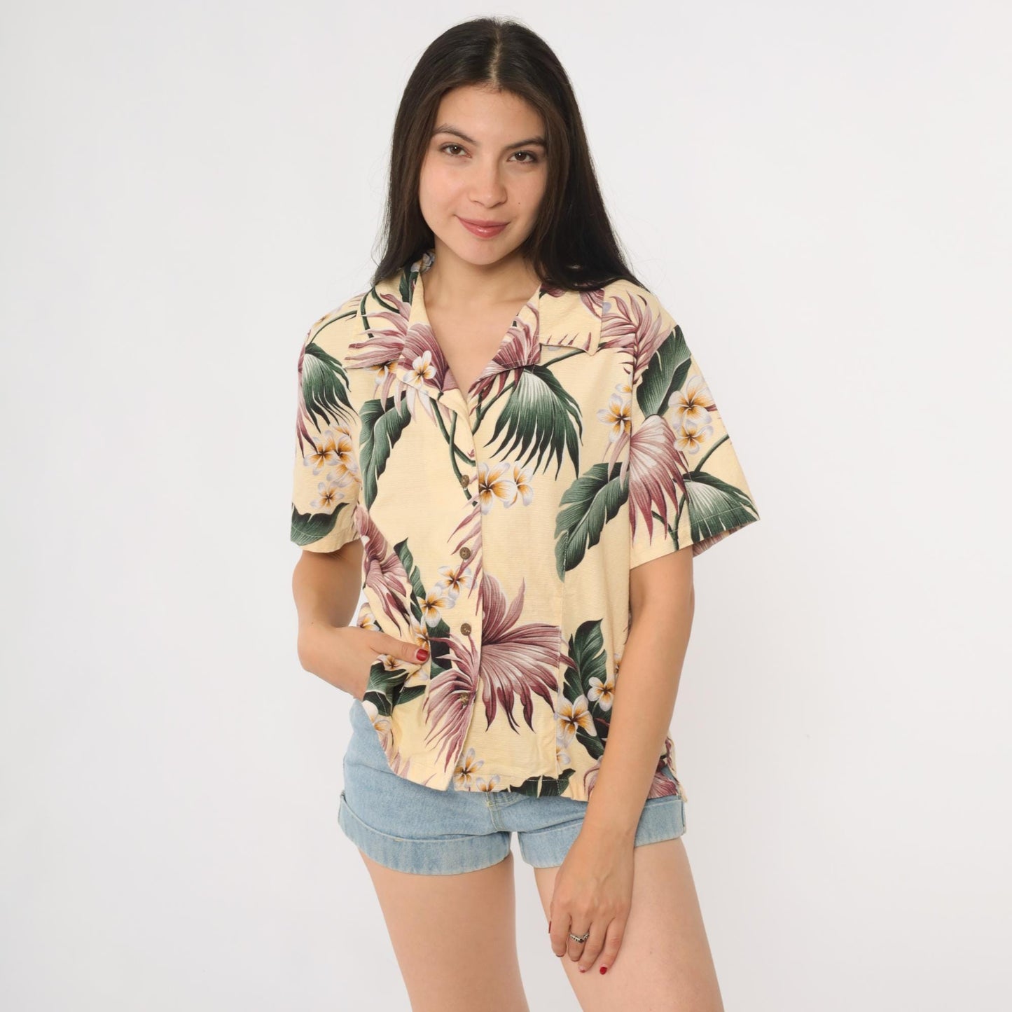 90s Kona Malia Hawaiian Aloha Shirt Yellow Plumeria Floral Cotton Extra Small