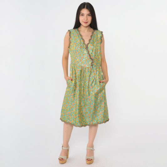 60s Oscar de la Renta Turquoise Brocade Dress Metallic Floral V Neck Small