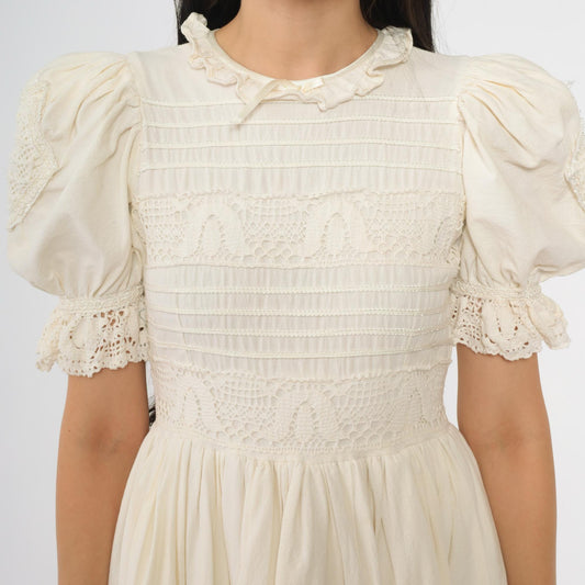 1980s Cream Lace Midi Dress Puff Sleeve Crochet Trim Ruffle Collar Extra Small XS