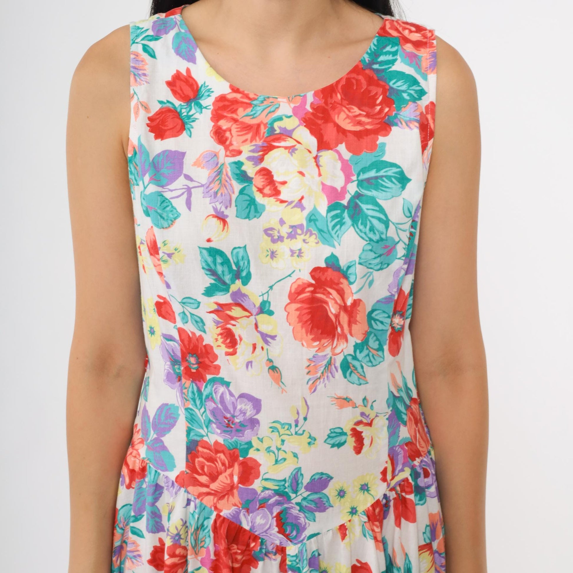 80s Eber San Francisco Floral Maxi Dress Sleeveless Tiered Skirt Medium