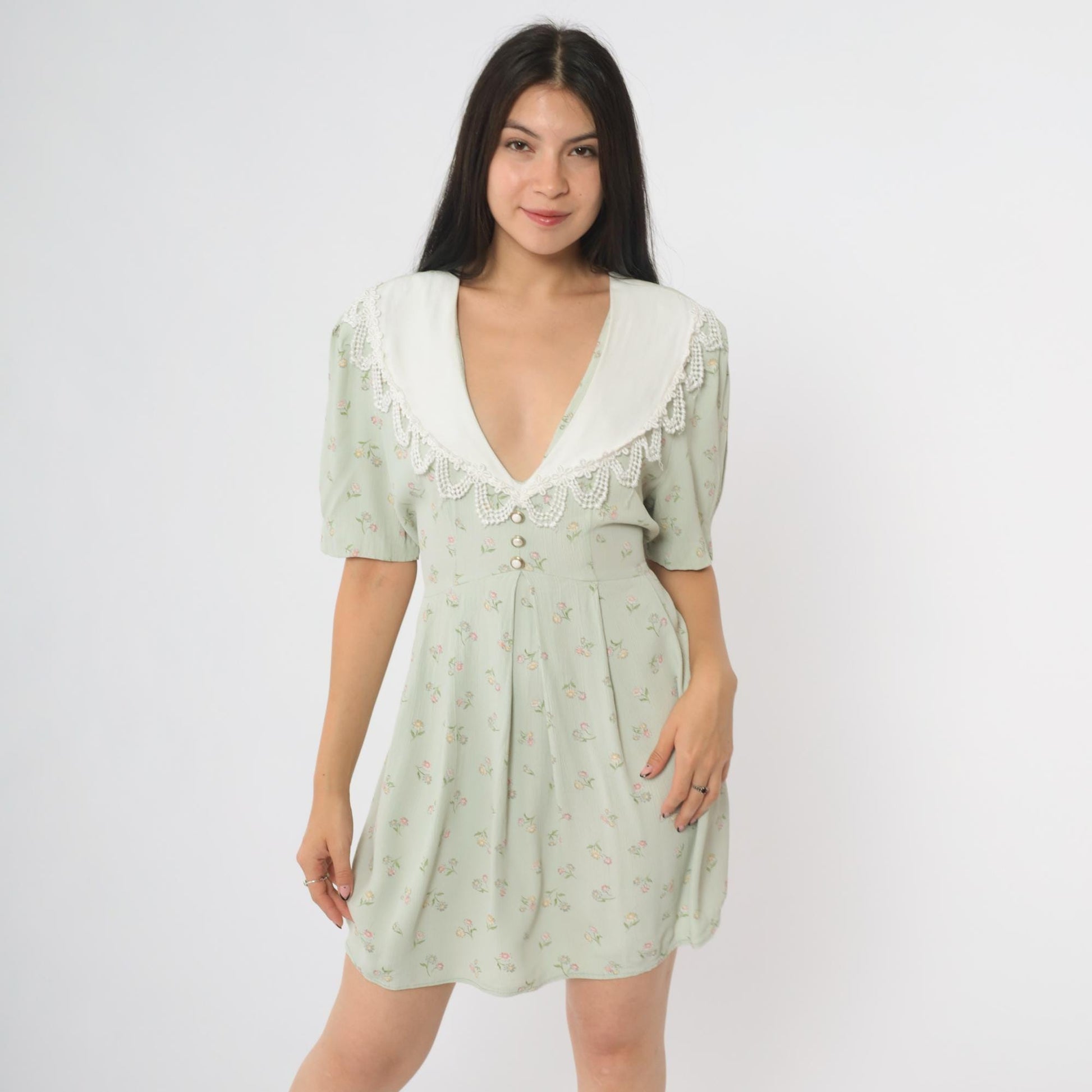 90s S.L. Fashions Sage Green Babydoll Dress Floral Lace Collar Puff Sleeves Large L