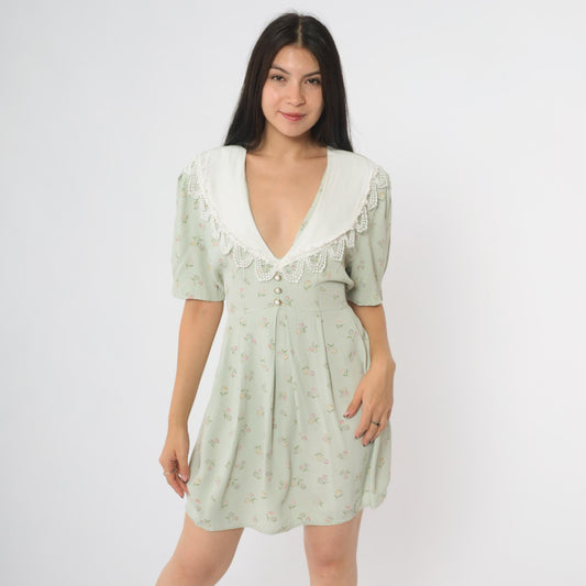 90s S.L. Fashions Sage Green Babydoll Dress Floral Lace Collar Puff Sleeves Large L