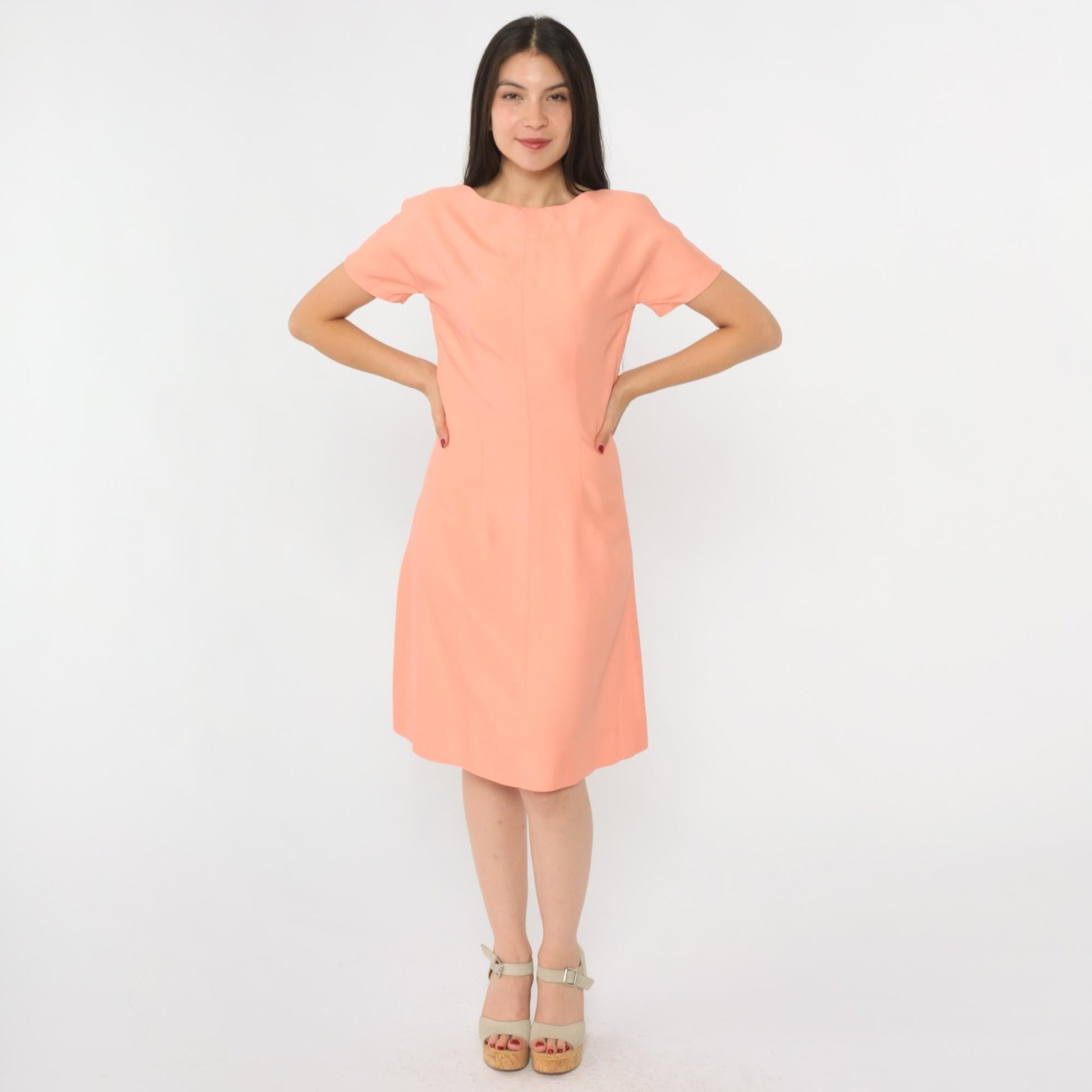 60s Peach Pink Sheath Dress Knee Length Short Sleeve Cocktail Small S