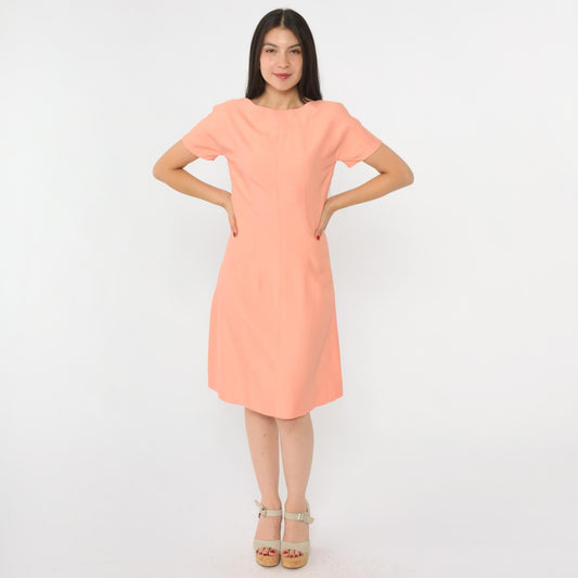 60s Peach Pink Sheath Dress Knee Length Short Sleeve Cocktail Small S