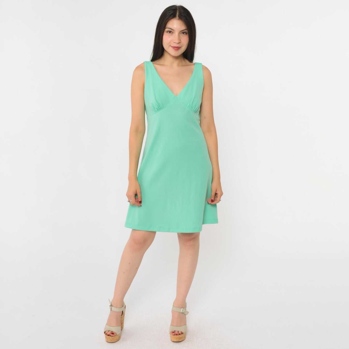 70s Mint Green Mini Dress V-Neck Empire Waist Sleeveless Disco Medium M