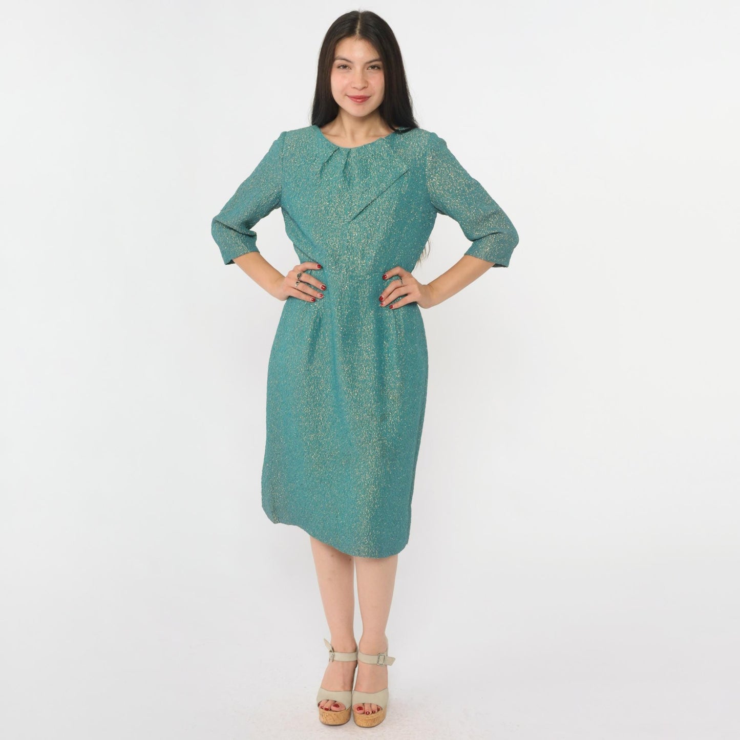60s Metallic Gold Blue Sheath Dress Half Sleeve High Waist Knee Length Medium 8