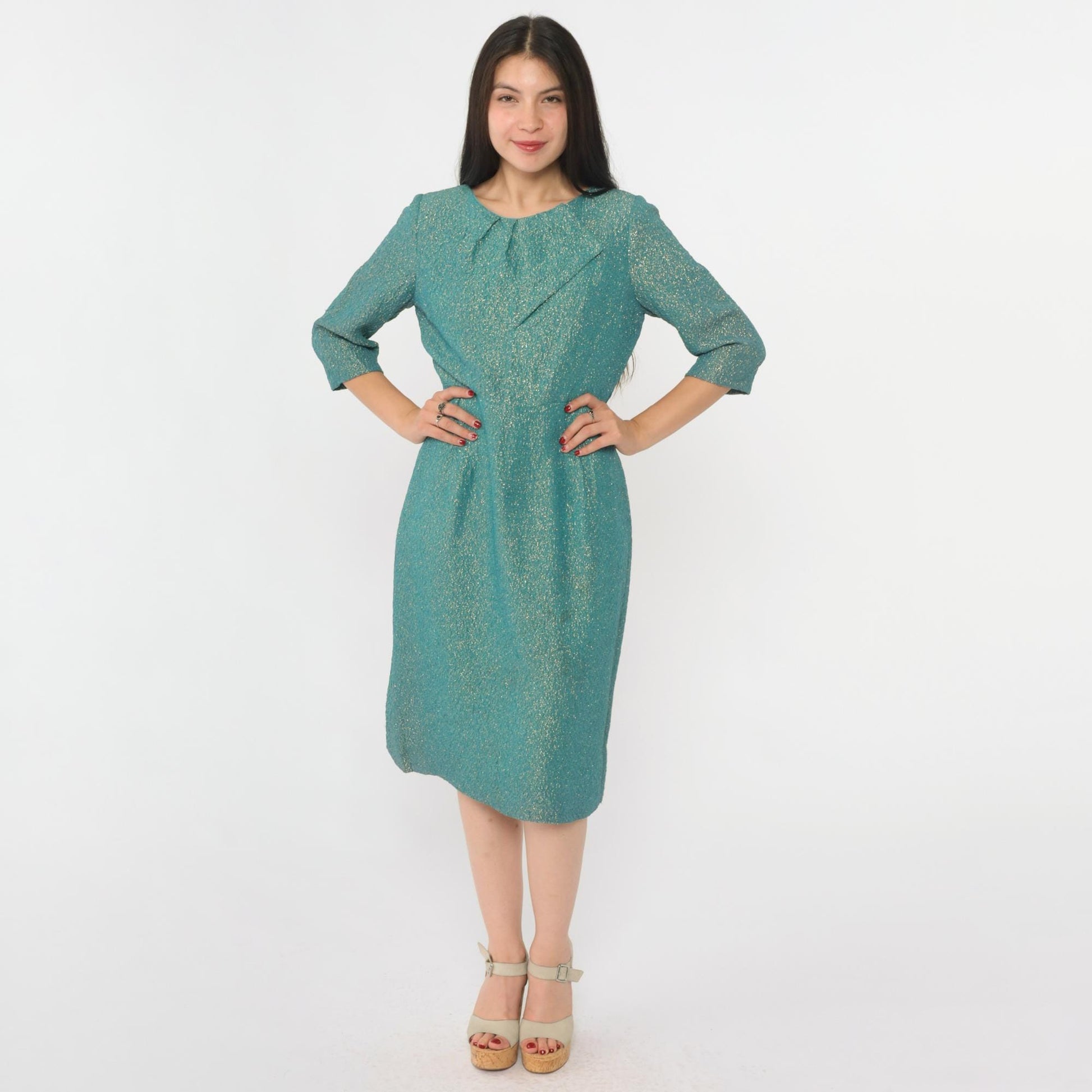 60s Metallic Gold Blue Sheath Dress Half Sleeve High Waist Knee Length Medium 8