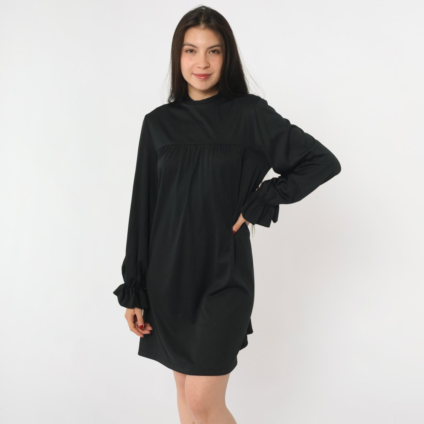 70s Black Tent Mini Dress Mock Neck Ruffled Long Sleeve Small