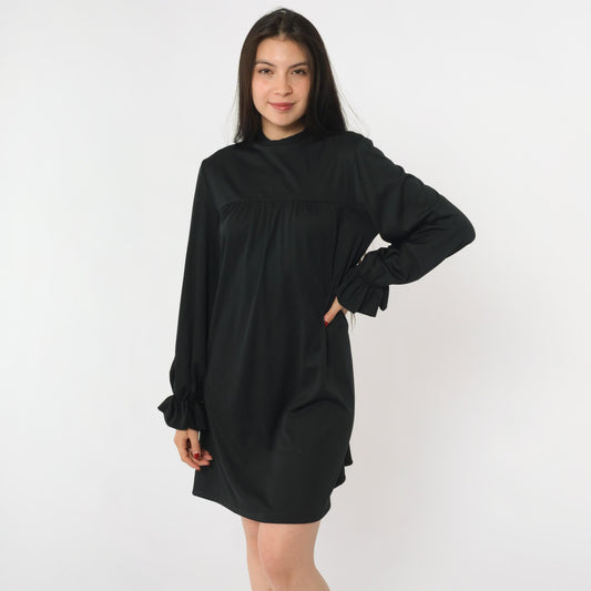 70s Black Tent Mini Dress Mock Neck Ruffled Long Sleeve Small
