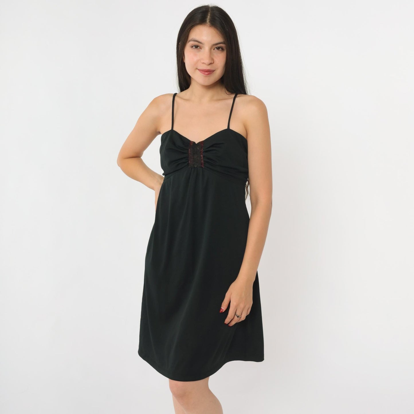 70s Black Mini Dress Empire Waist Lace Trim Spaghetti Strap Medium