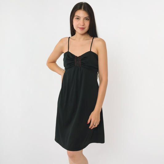 70s Black Mini Dress Empire Waist Lace Trim Spaghetti Strap Medium