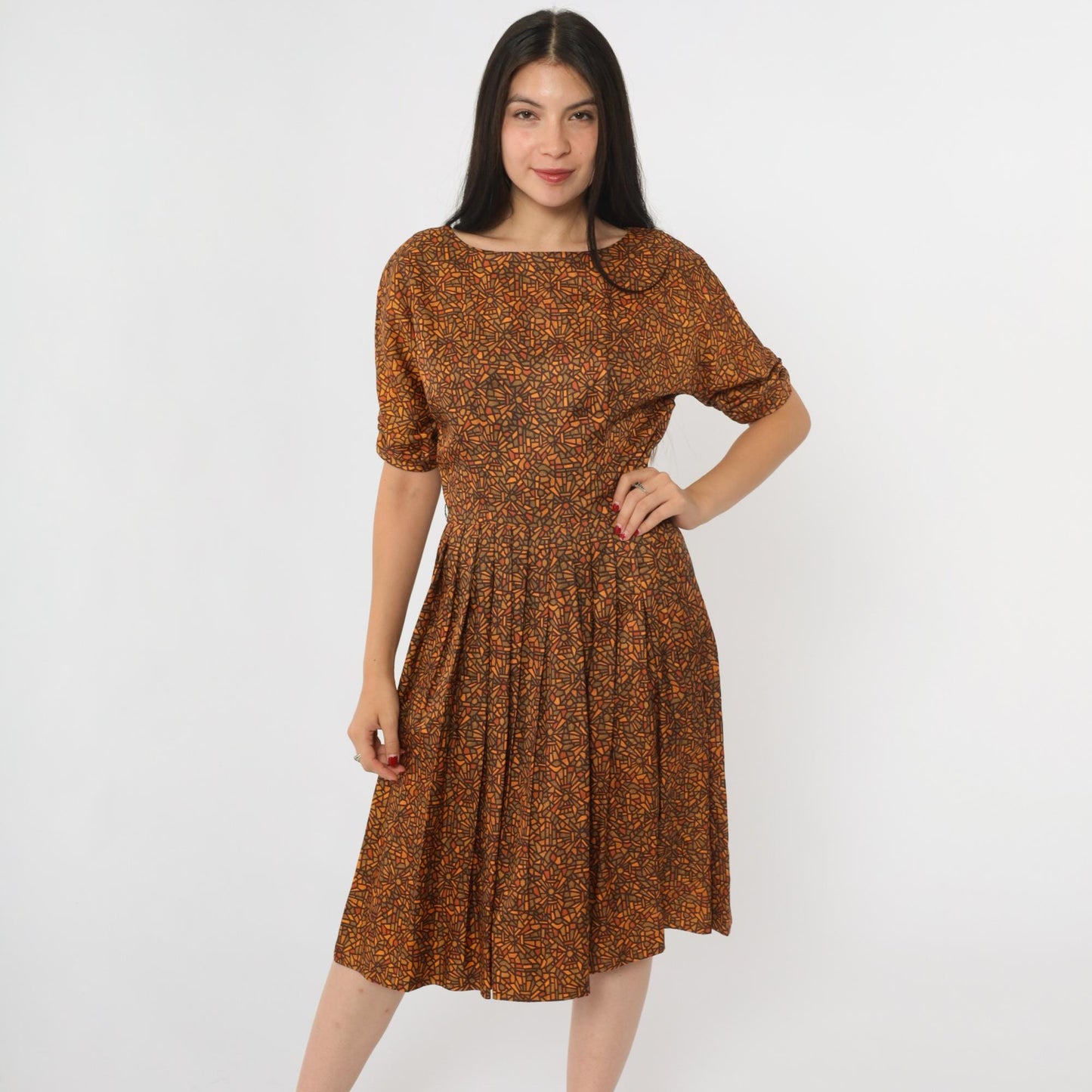 60s Geometric Mosaic Print Dress Brown Orange Bateau Neckline Midi Small