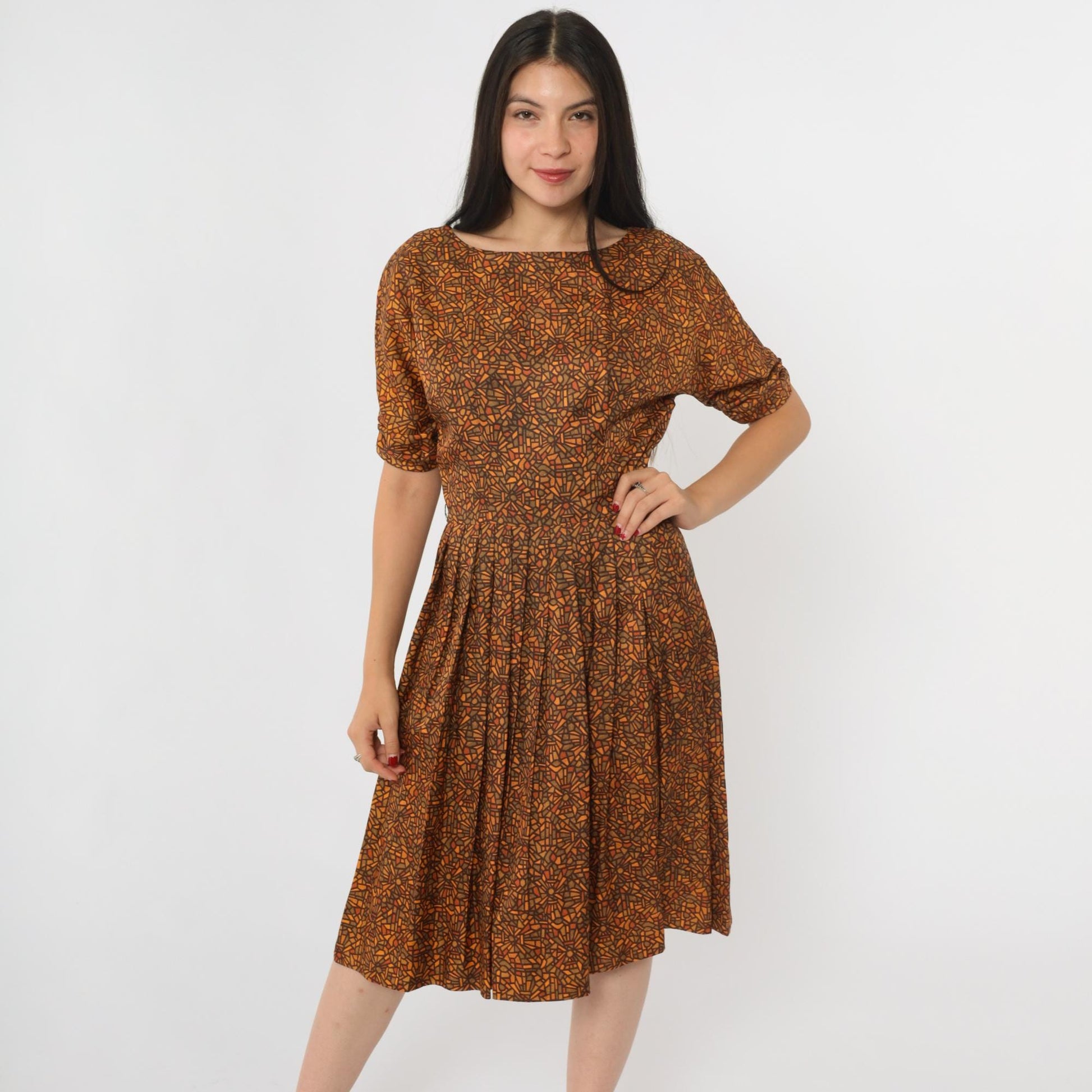 60s Geometric Mosaic Print Dress Brown Orange Bateau Neckline Midi Small