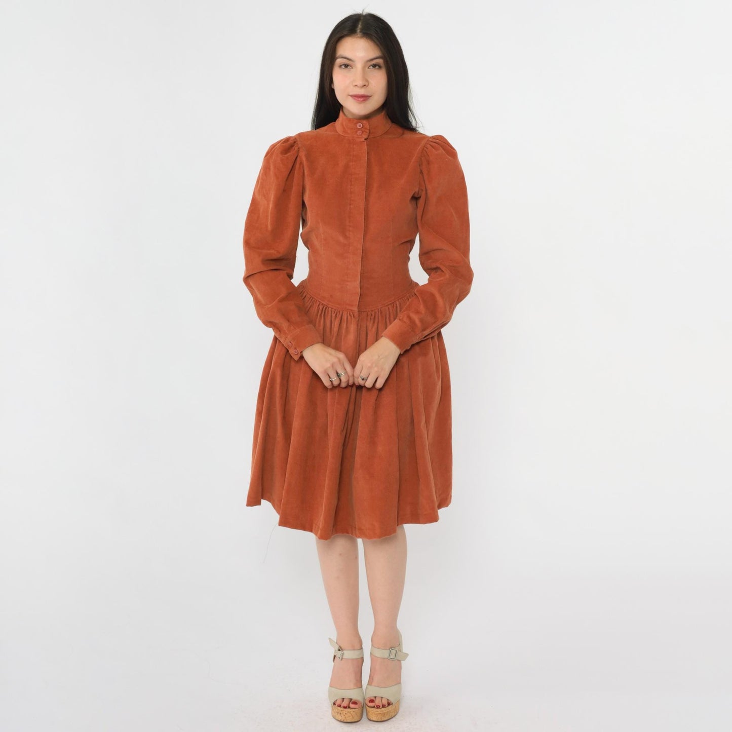 80s Rust Corduroy Midi Dress High Neck Puff Sleeve Fitted Waist Small