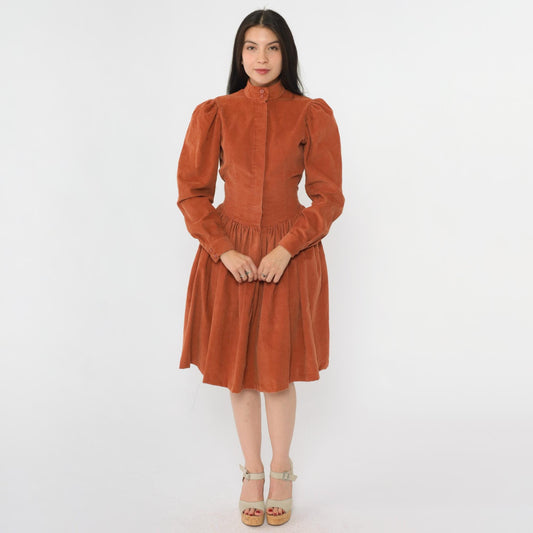 80s Rust Corduroy Midi Dress High Neck Puff Sleeve Fitted Waist Small