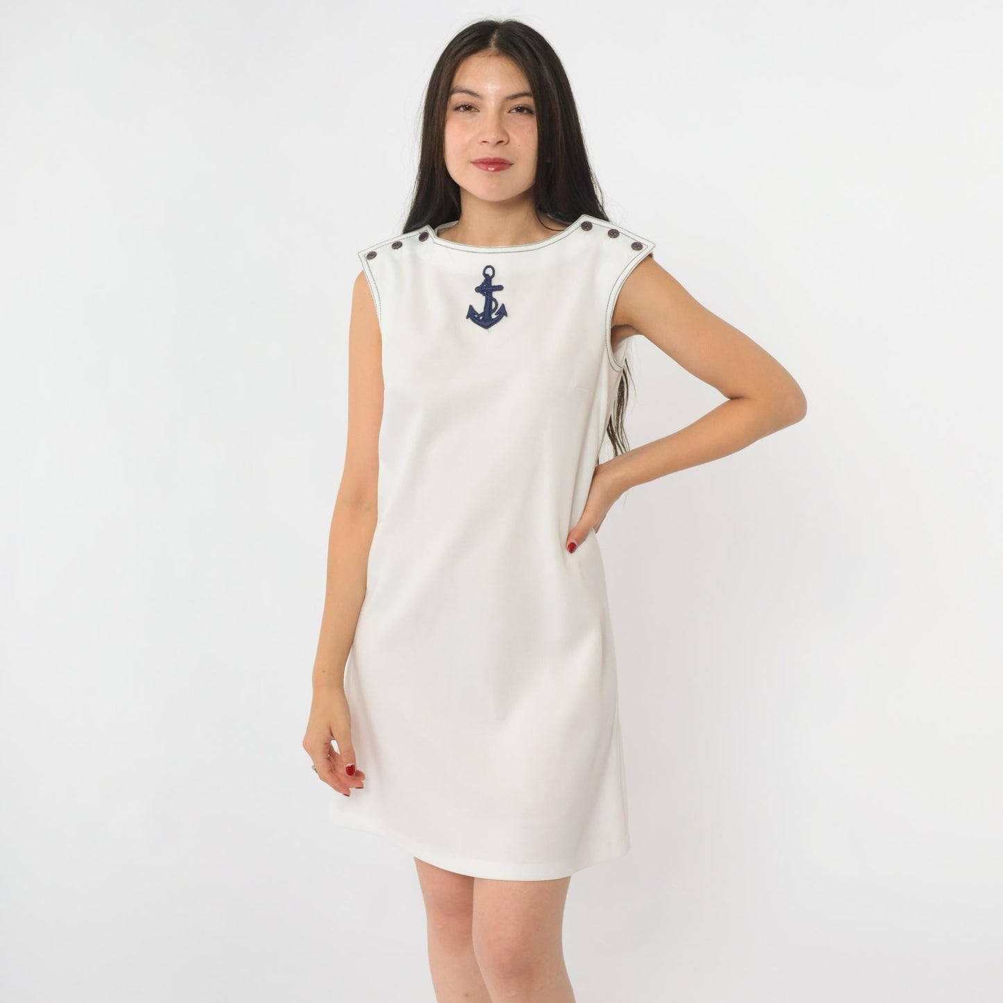 70s Caron Nautical Mini Dress Anchor Applique White Shift Sleeveless Small
