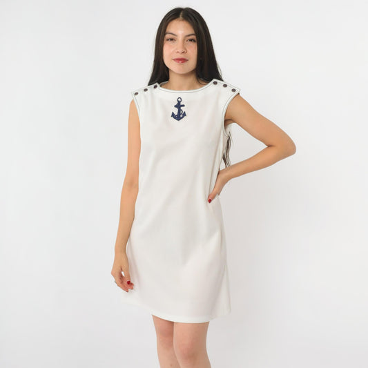 70s Caron Nautical Mini Dress Anchor Applique White Shift Sleeveless Small