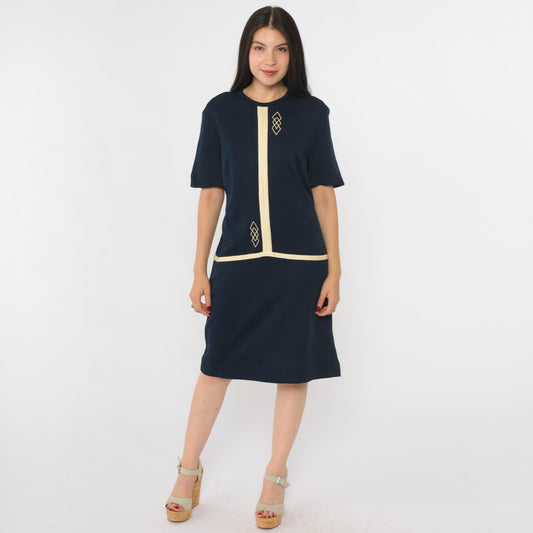 1960s Mod Scooter Dress Navy Geometric Drop Waist Shift Knee-Length Medium M