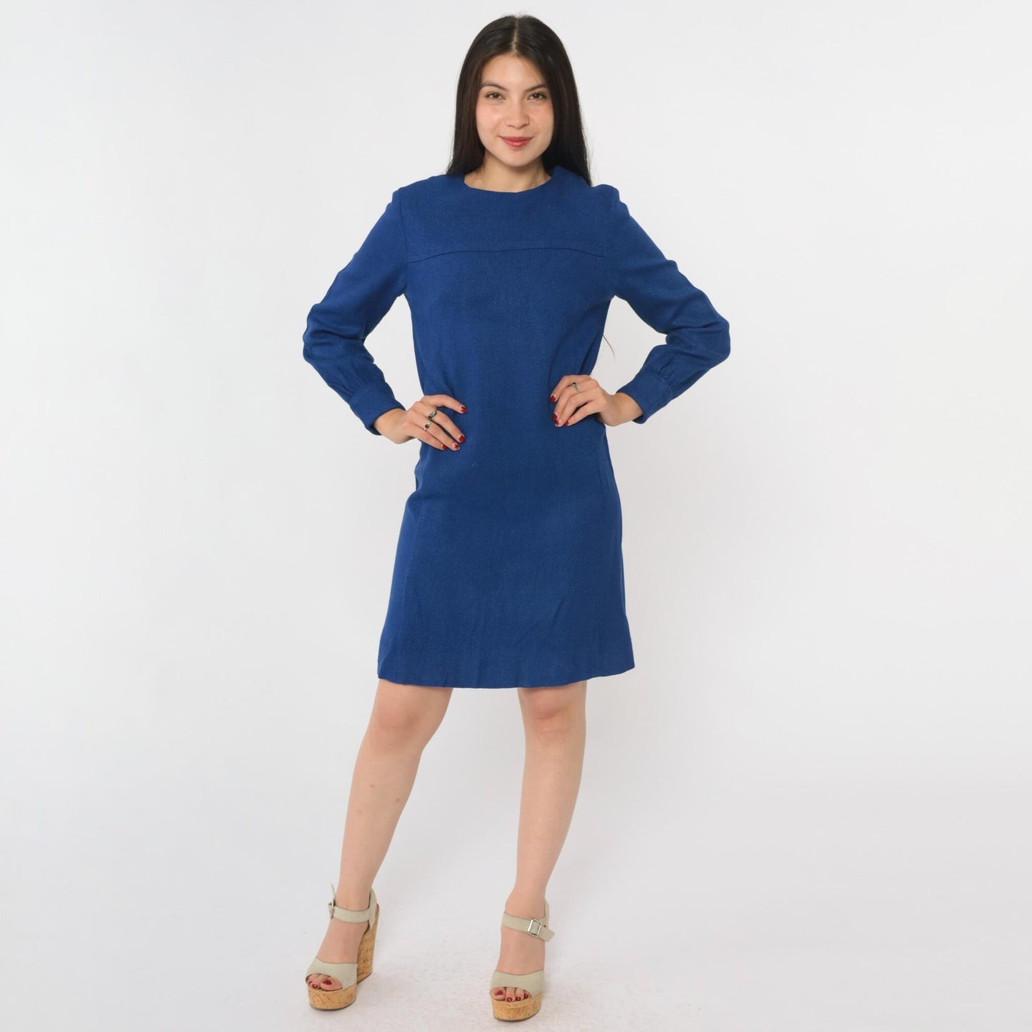 60s Blue Mod Shift Mini Dress Long Sleeve Rear Zip Extra Small
