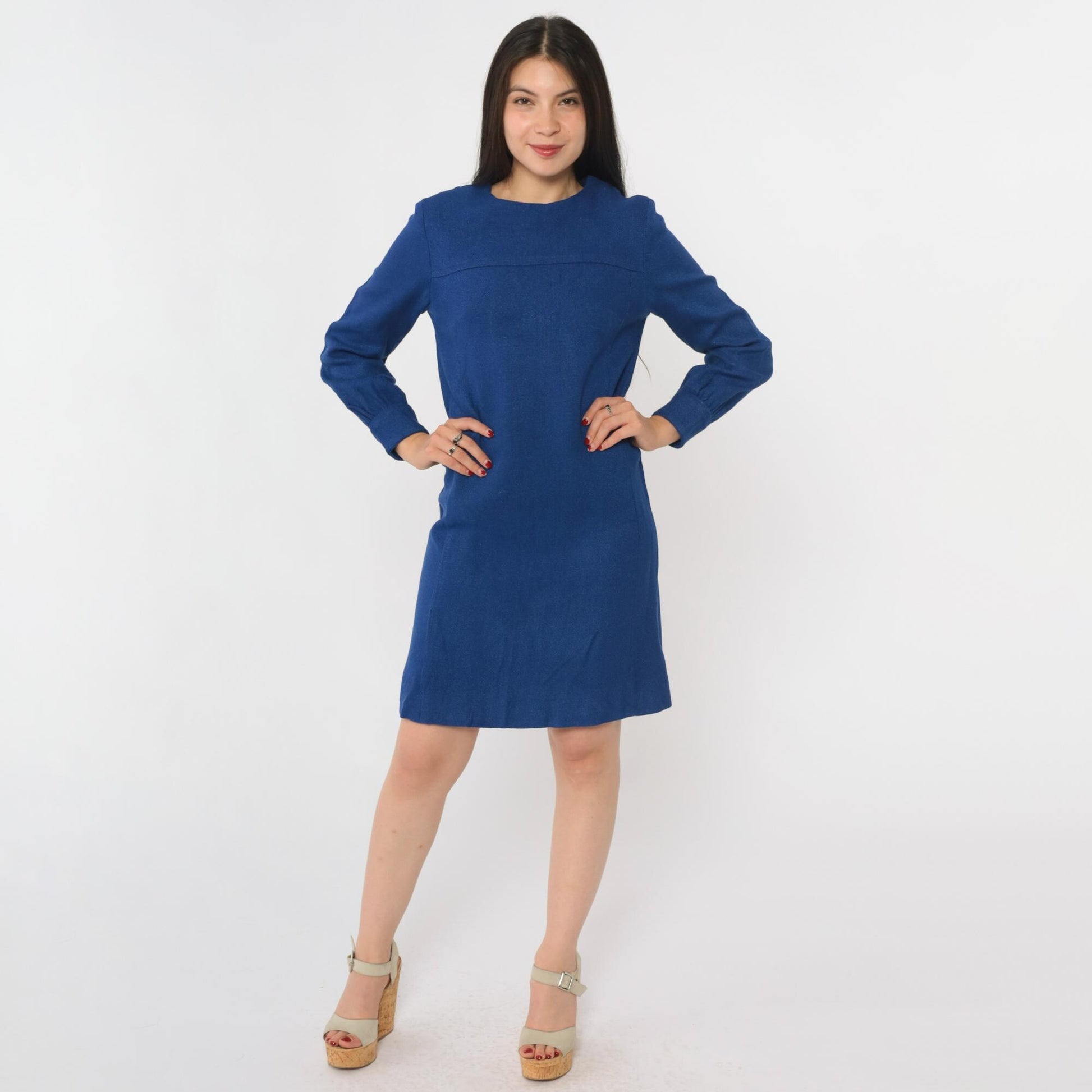 60s Blue Mod Shift Mini Dress Long Sleeve Rear Zip Extra Small