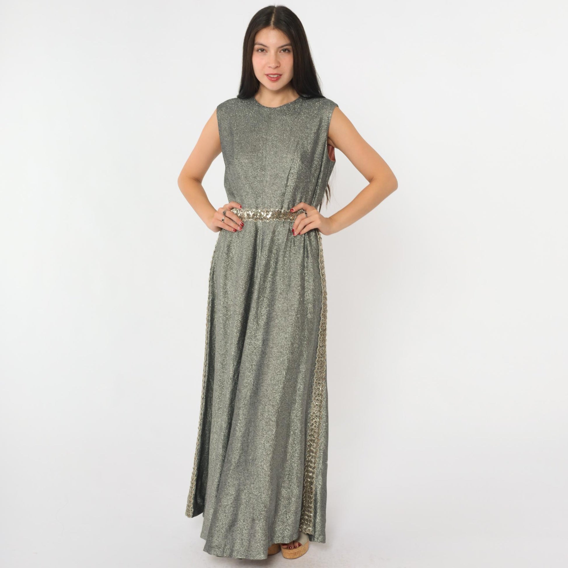 70s Silver Sequined Maxi Dress High Waisted Sleeveless Evening Gown Small