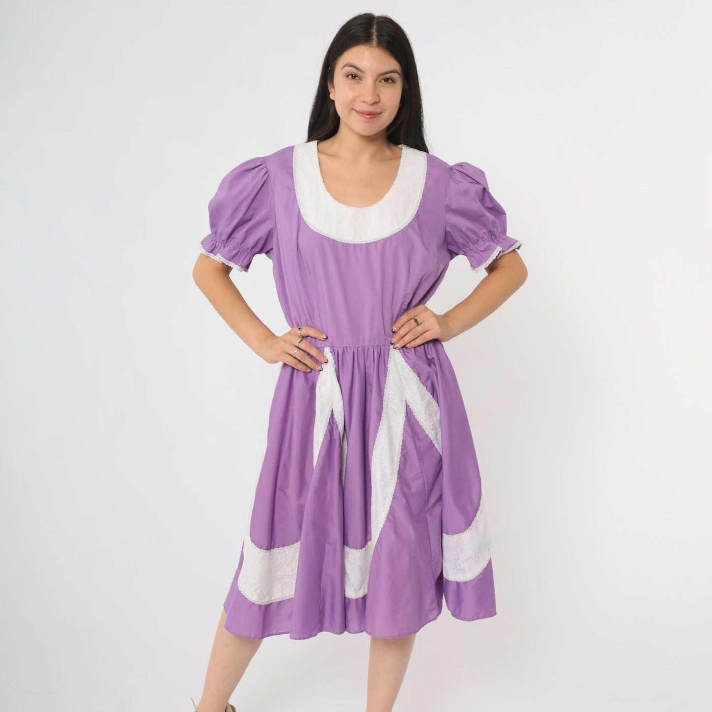 70s Purple Prairie Dress Partners Please Puff Sleeve Square Dance Large