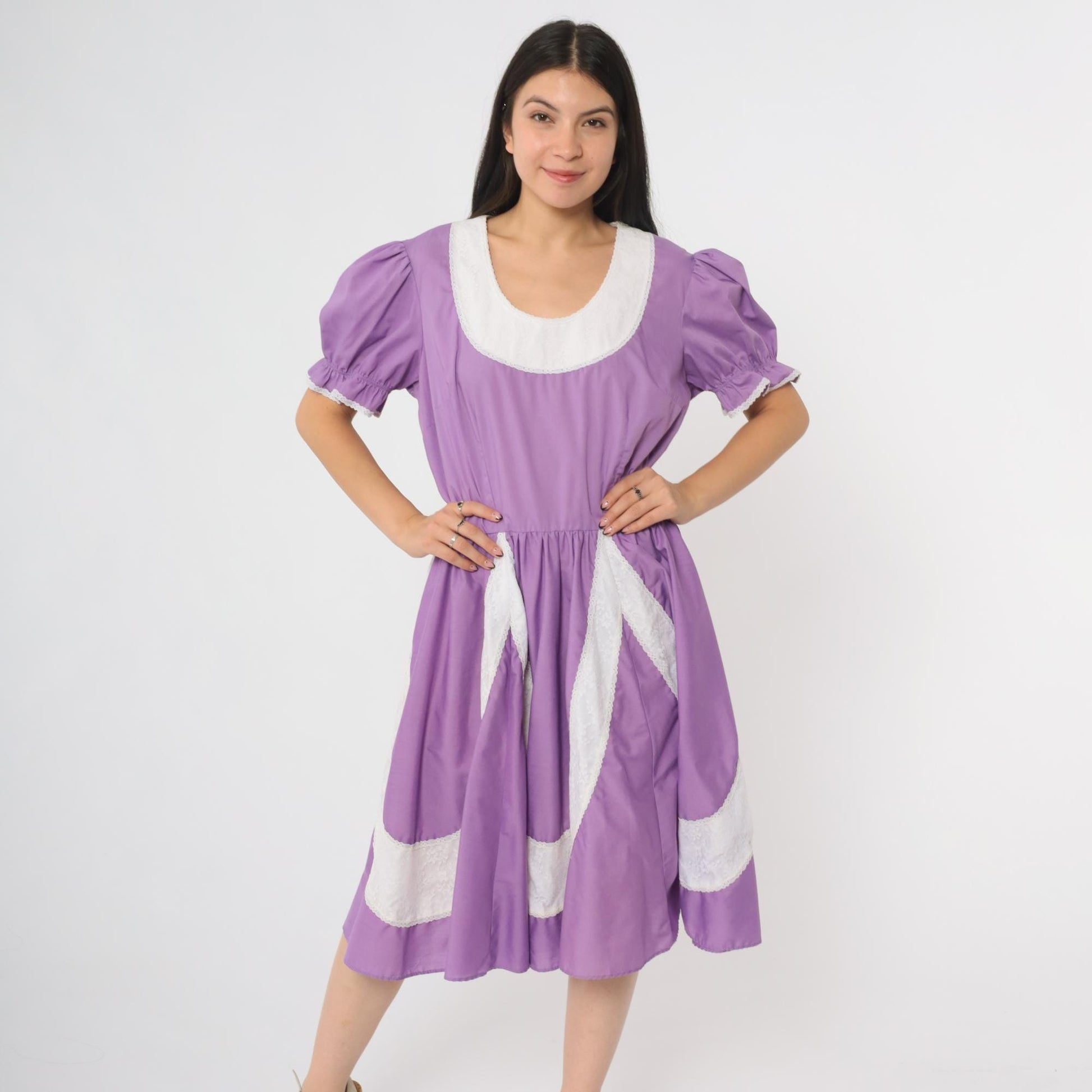 70s Purple Prairie Dress Partners Please Puff Sleeve Square Dance Large