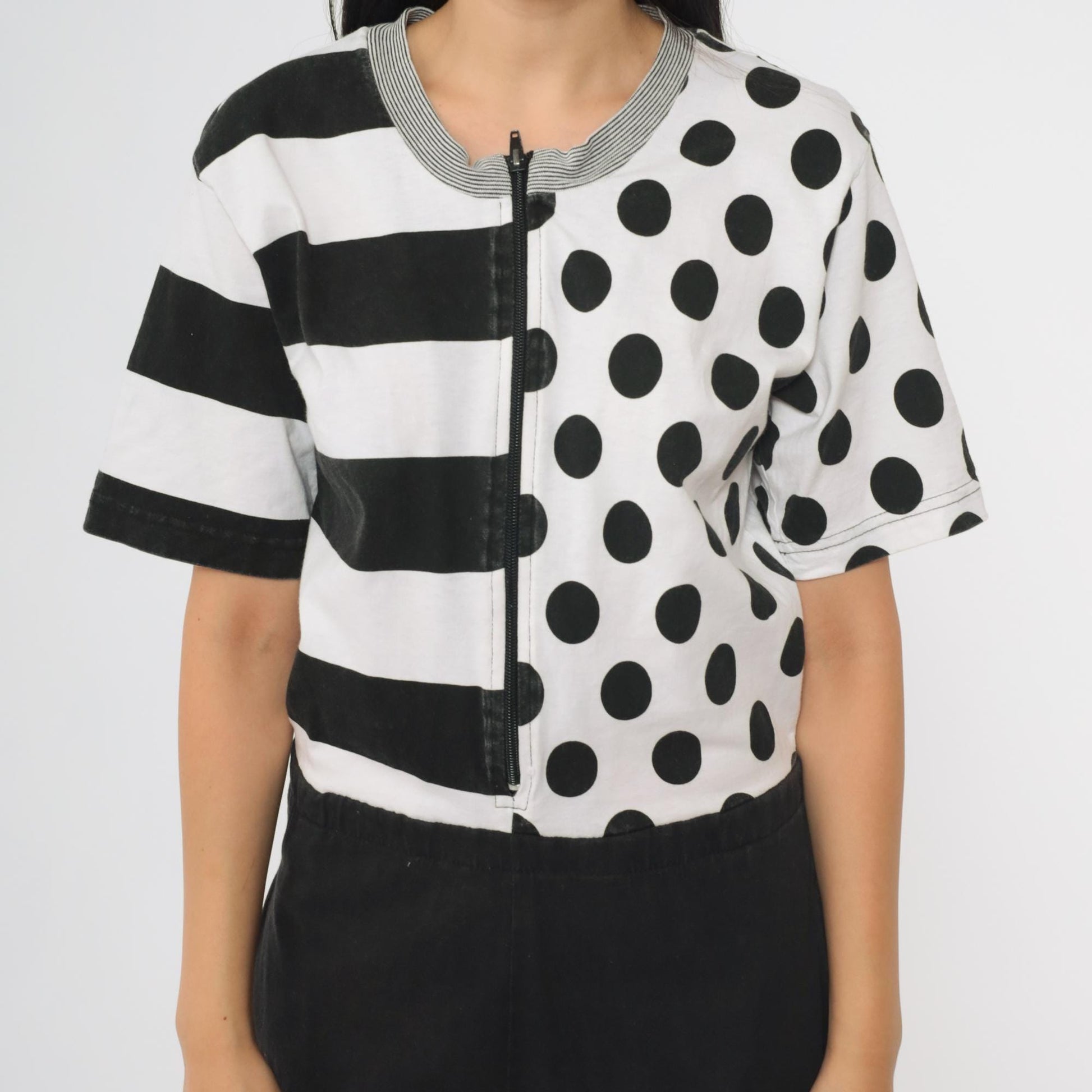 90s Black White Jumpsuit Mixed Print Polka Dot Stripes Front Zip Medium M