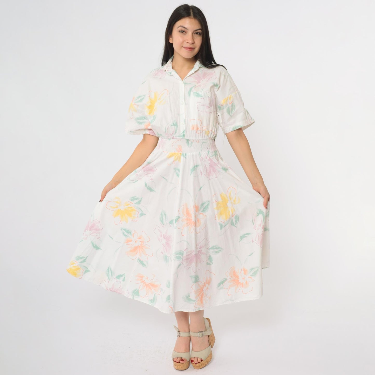 80s Carol Anderson Floral Midi Dress Pastel Watercolor Smocked Waist Small