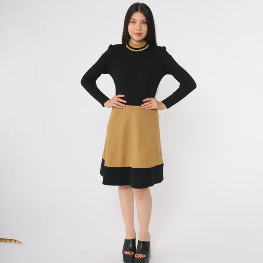 70s Camp Crations Wool Color Block Turtleneck Midi Dress Brown Black Small