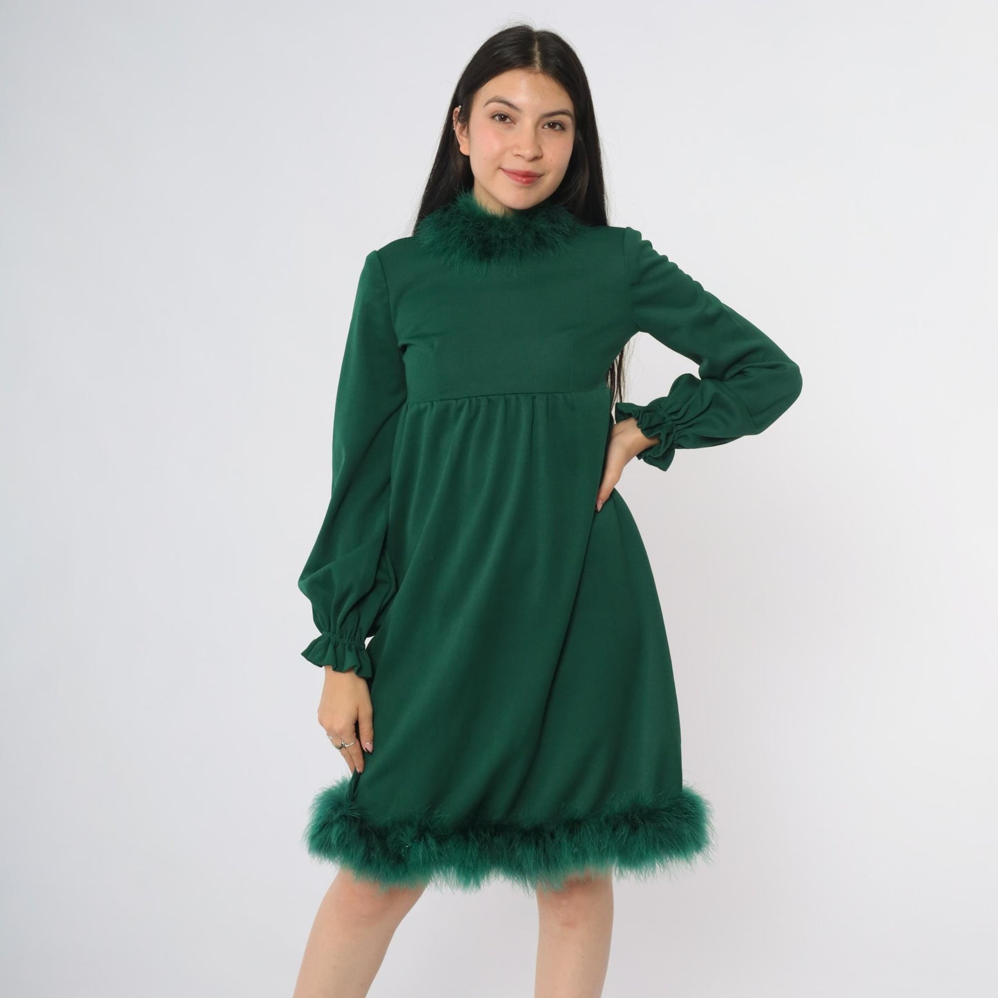 70s Green Marabou Feather Mini Dress High Neck Empire Waist Puff Sleeve Extra Small