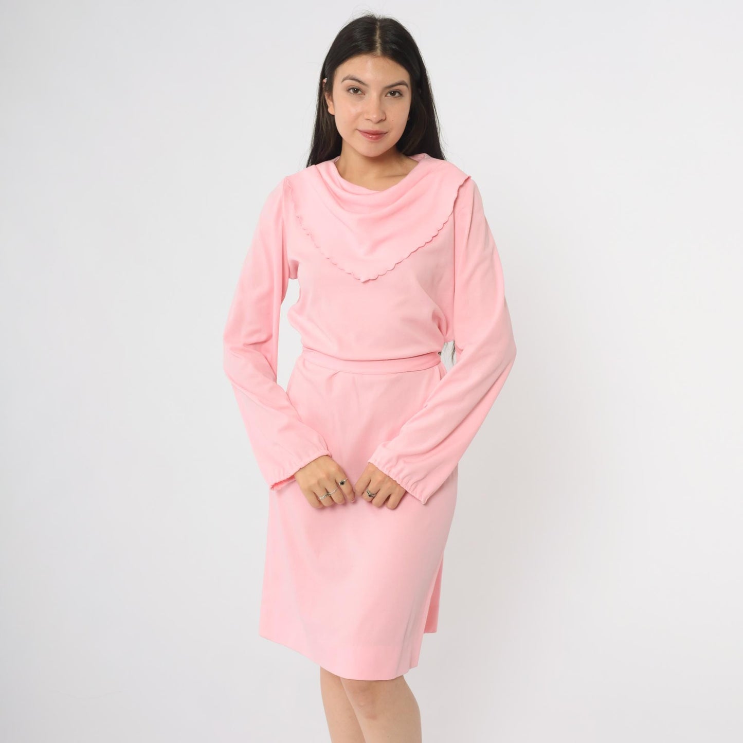 70s Kay Windsor Pink Cowl Neck Midi Dress Scallop Collar Medium M