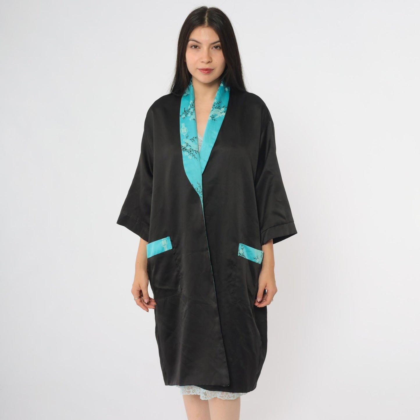 90s Dragon Reversible Satin Kimono Robe Black Turquoise Embroidered Small
