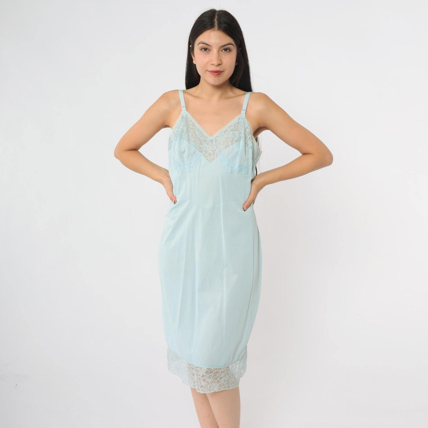 70s Warner's Baby Blue Slip Dress Midi V-Neck Empire Waist Medium