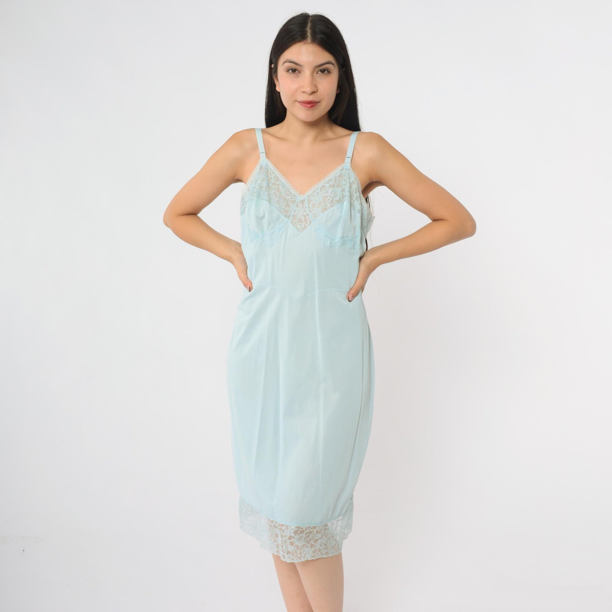 70s Warner's Baby Blue Slip Dress Midi V-Neck Empire Waist Medium