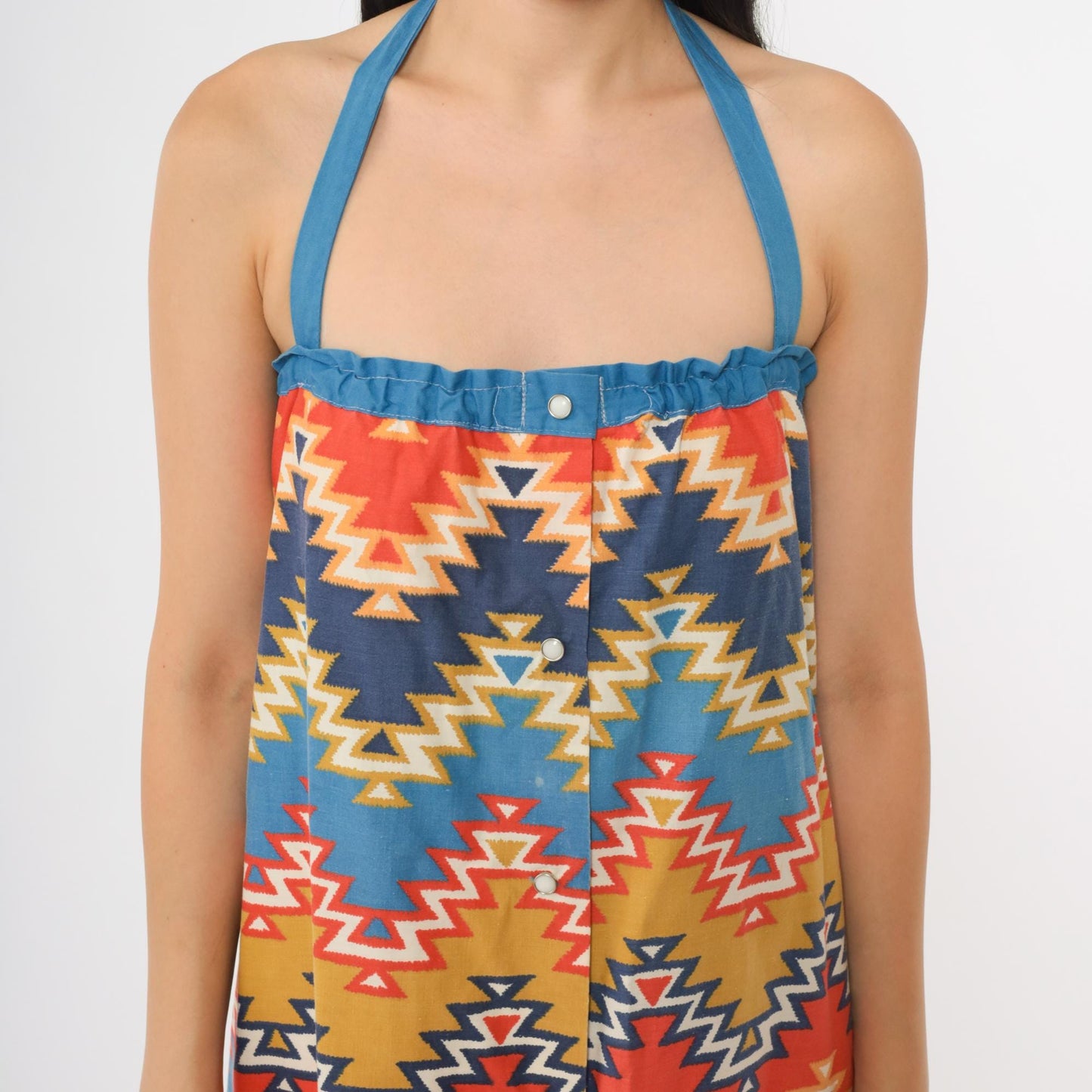 70s Geometric Southwest Halter Midi Dress Cotton Diamond Zigzag Small S