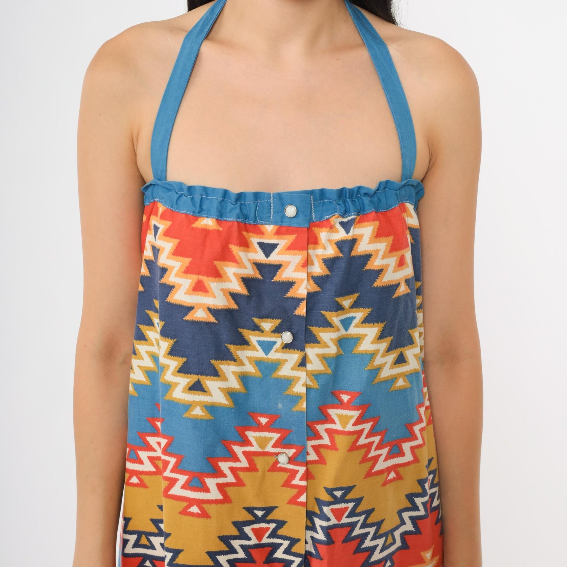 70s Geometric Southwest Halter Midi Dress Cotton Diamond Zigzag Small S