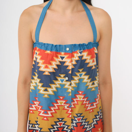 70s Geometric Southwest Halter Midi Dress Cotton Diamond Zigzag Small S
