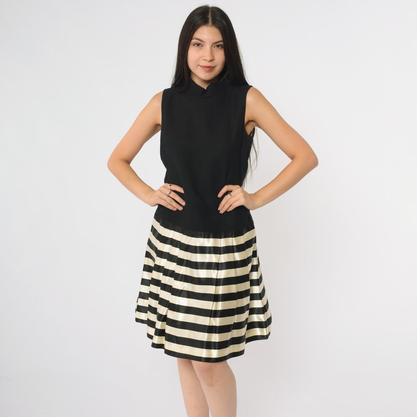 60s Black White Striped Mock Turtleneck Mini Dress Drop Waist A-Line Small