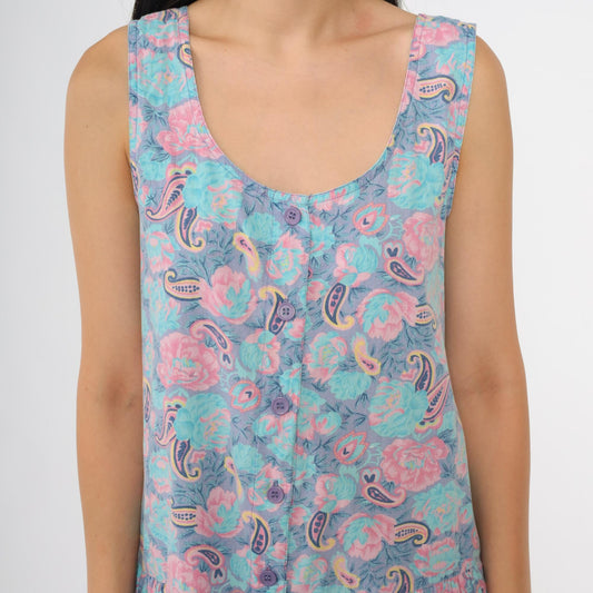 90s Intimate Options Turquoise Paisley Midi Dress Button Front Scoop Neck Small