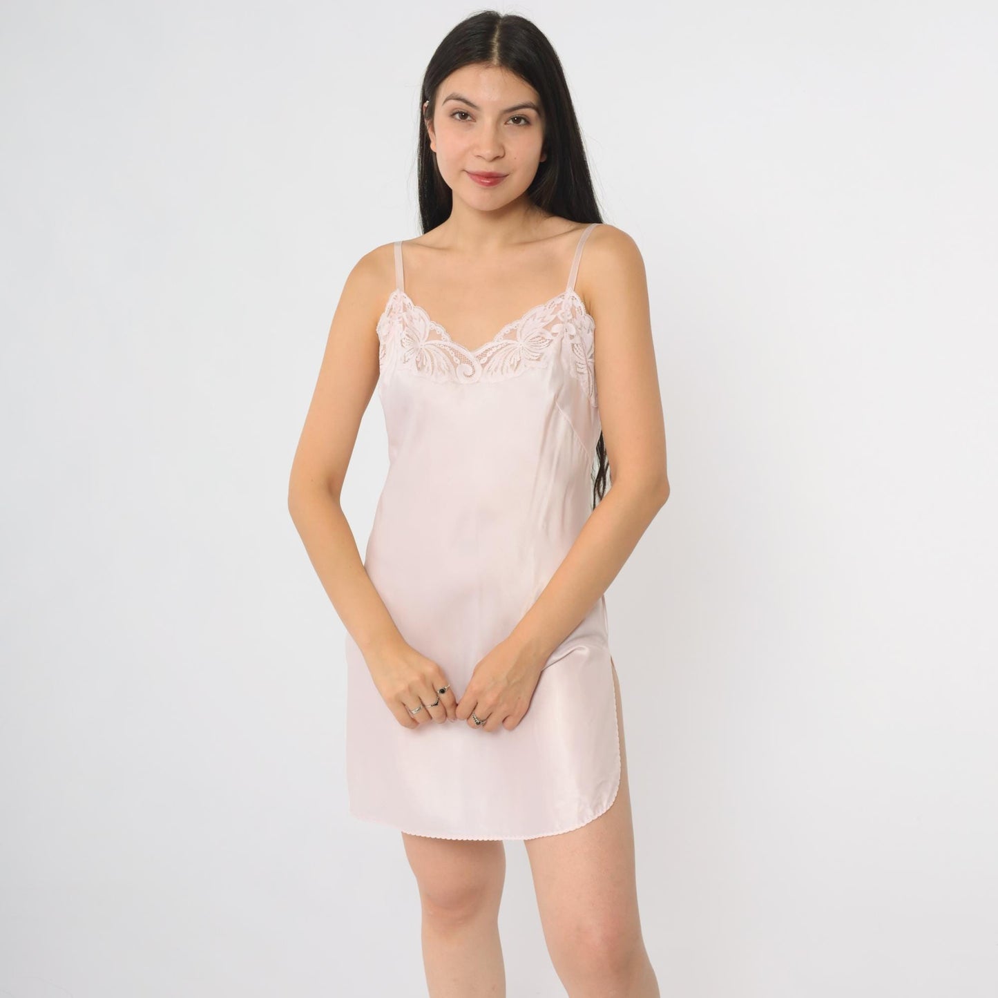 70s Wonder Maid Pink Slip Dress Midi V-Neck Empire Waist Small
