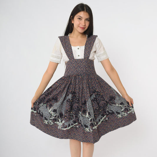 80s Giraffe Print Pinafore Dress Navy Full Circle Skirt Cotton Midi Small
