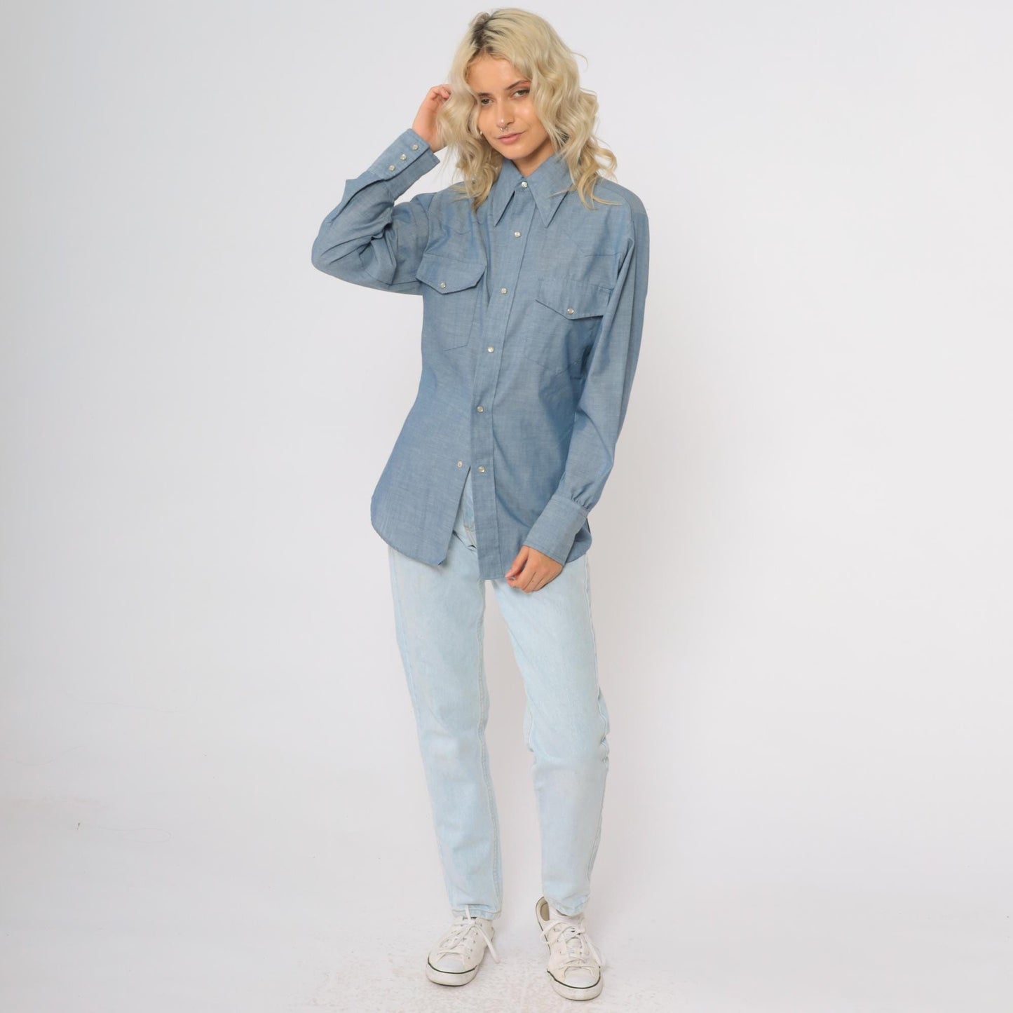 70s Continental Casuals Western Chambray Shirt Blue Pearl Snap Small