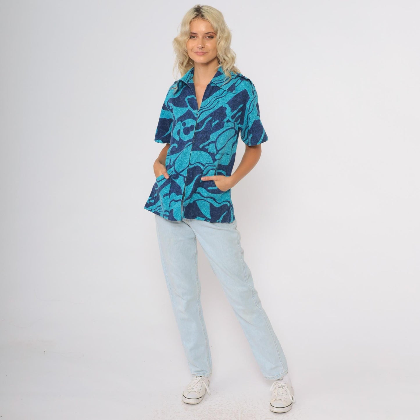 70s Hawaiian Zip Blouse Turquoise Psychedelic Tiki Print Short Sleeve Small