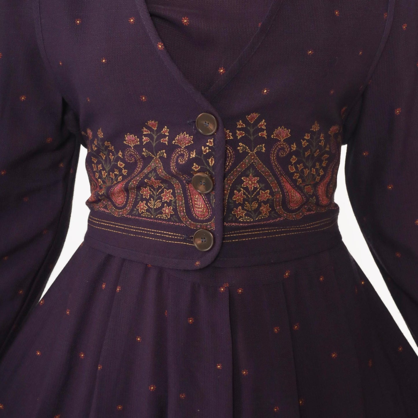 90s Dark Purple Maxi Dress Attached Vest Long Sleeve Paisley Border Small