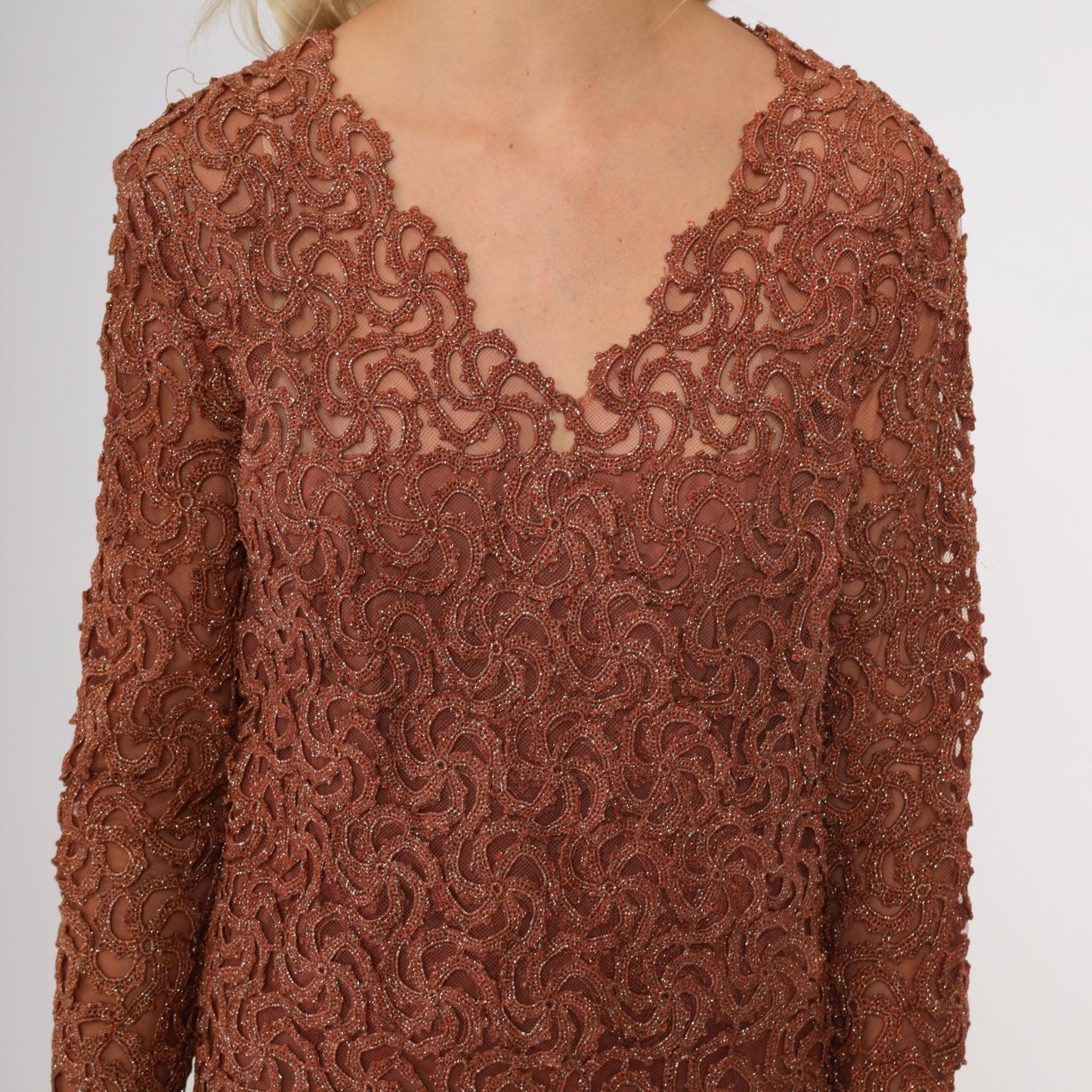 70s Copper Brown Metallic Lace Cocktail Dress Long Sleeve Scalloped Midi Medium