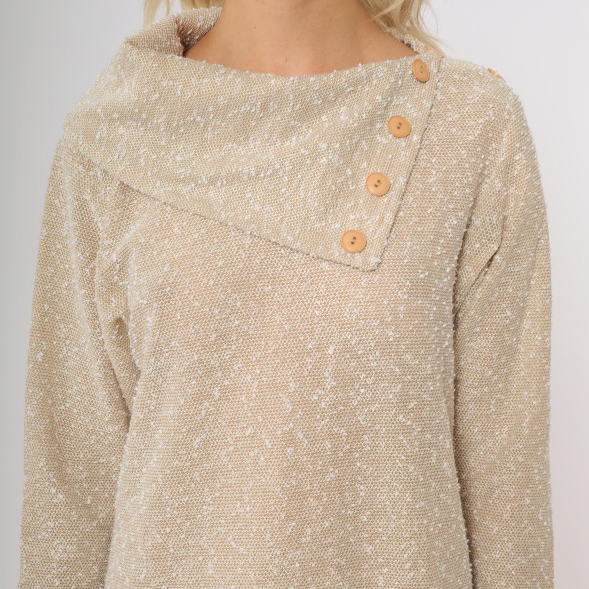 80s Beige Knit Shift Dress Asymmetrical Collar Long Sleeve Knee Length Medium M